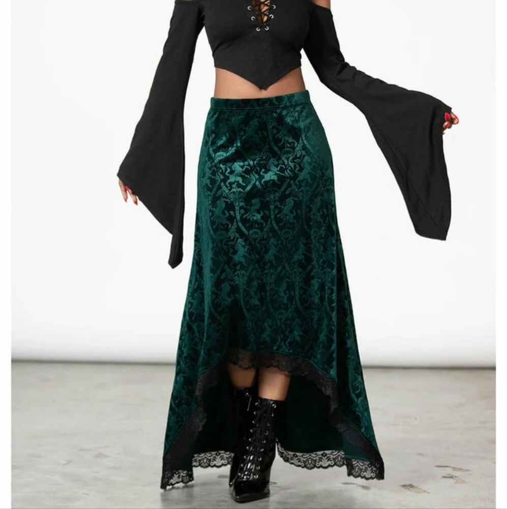 Killstar high-low green velvet skirt